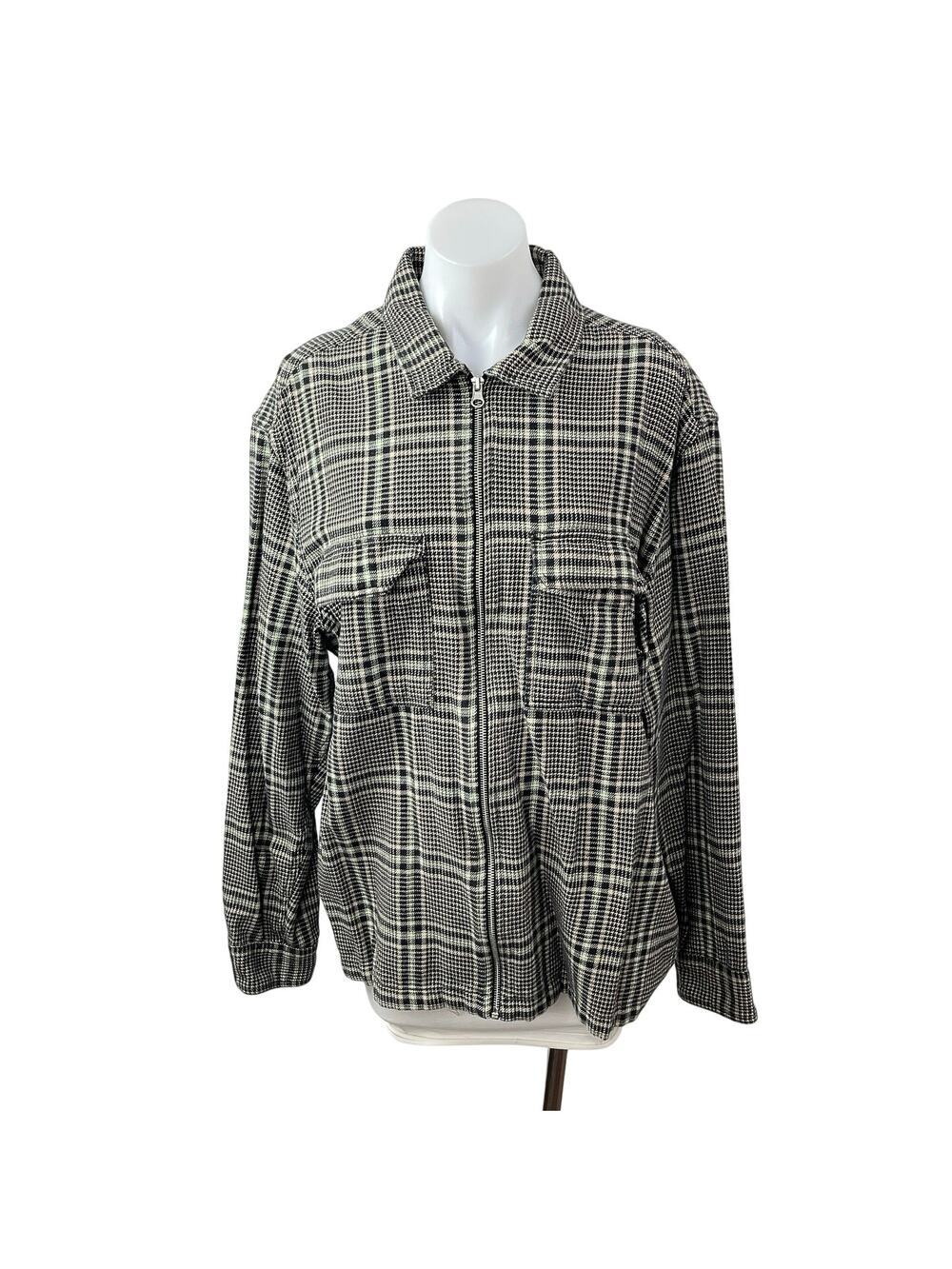H&M Black Plaid Check Flannel Collared Long Sleeve Shirt Shacket Coat Jacket L